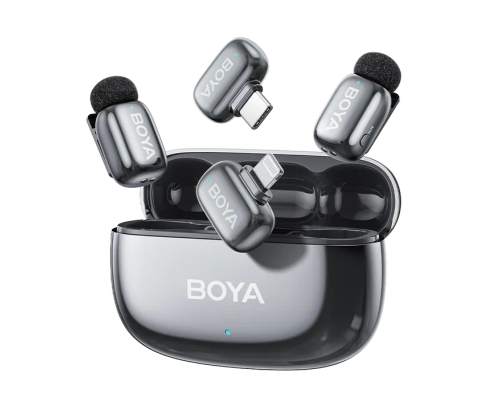 BOYA Mini 2 Microfono Inalambrico (2 TX+2 RX) Lightning y USB-C para iPhone, Android, Ultraligero, Cancelación de Ruido, 30h Micrófono Solapa para Streaming