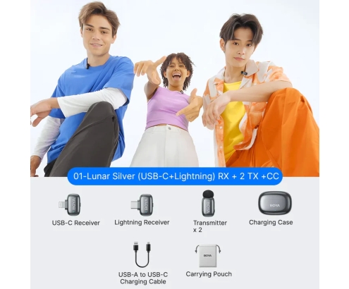 BOYA Mini 2 Microfono Inalambrico (2 TX+2 RX) Lightning y USB-C para iPhone, Android, Ultraligero, Cancelación de Ruido, 30h Micrófono Solapa para Streaming