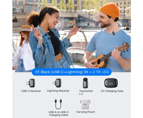 BOYA Mini 2 Microfono Inalambrico (2 TX+2 RX) Lightning y USB-C para iPhone, Android, Ultraligero, Cancelación de Ruido, 30h Micrófono Solapa para Streaming
