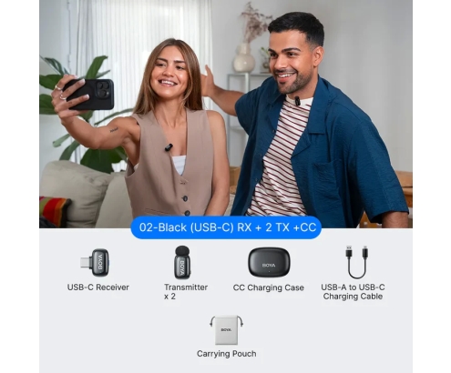 BOYA Mini 2 Microfono Inalambrico (2 TX+2 RX) Lightning y USB-C para iPhone, Android, Ultraligero, Cancelación de Ruido, 30h Micrófono Solapa para Streaming