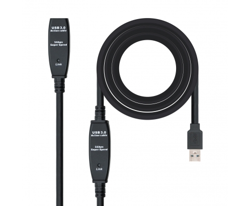 CABLE ALARGADOR NANOCABLE USB 3.0 CON AMPLIFICADOR CONECTORES TIPO A MACHO A TIPO A HEMBRA 15M NEGRO 10.01.0313