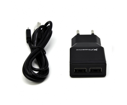 Cargador adaptador de pared phoenix universal 5v 2x usb 2A incluye cable usb a micro usb negro PHMICROUSBCHARGER+