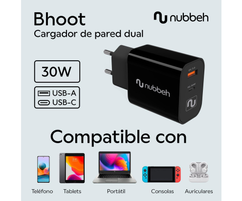 Cargador de Pared Nubbeh Bhoot 30W Dual USB-A y USB-C Negro