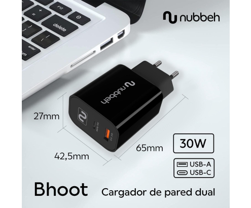 Cargador de Pared Nubbeh Bhoot 30W Dual USB-A y USB-C Negro