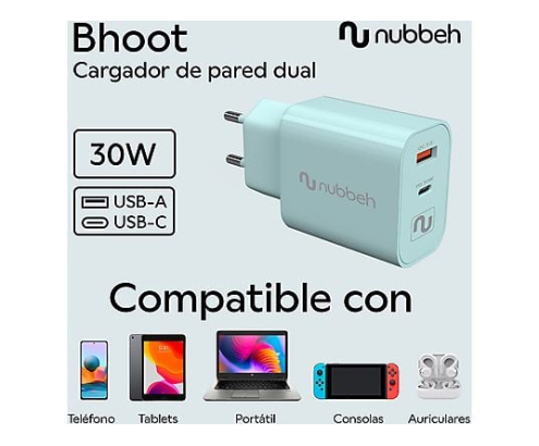 Cargador de Pared Nubbeh Bhoot 30W Dual USB-A y USB-C Verde