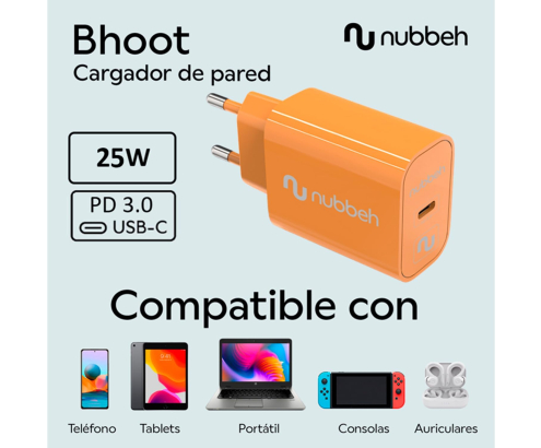 Cargador de Pared Nubbeh Bhoot USB-C Power Delivery 3.0 25W Naranja