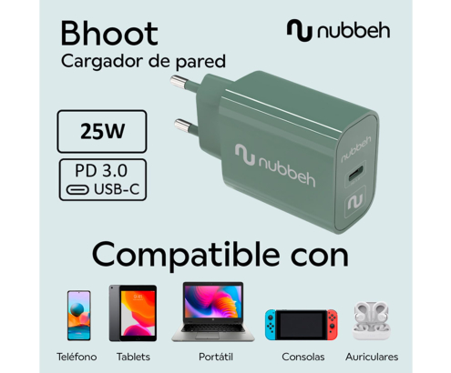 Cargador de Pared Nubbeh Bhoot USB-C Power Delivery 3.0 25W Verde
