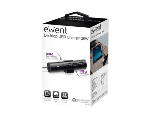 CARGADOR ESCRITORIO EWENT 1 USB-C 3 USB-A 36W NEGRO EW1317