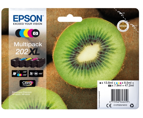 CARTUCHO TINTA EPSON MULTIPACK 202XL 5 COLORES 47.2ML KIWI C13T02G74010