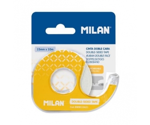 CINTA ADHESIVA DOBLE CARA MILAN EN PORTARROLLOS 15MM X 10M HOJA DE CORTE METALICA DISPENSADOR RECARGABLE AMARILLO BWM10421