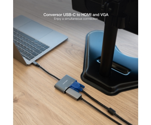 Conversor USB-C a HDMI/VGA 15 cm, Gris