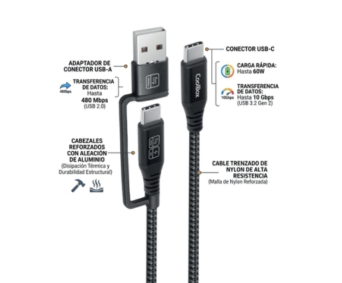 CoolBox CABLE USB-C + A / USB-C DATOS 10GBPS + CARGA RAPIDA 60W