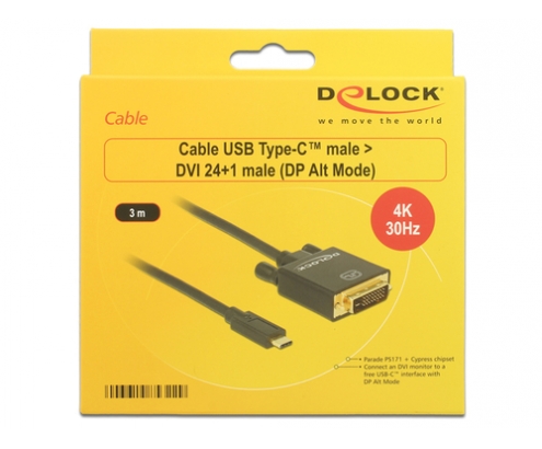 DeLOCK 3m, USB-C/DVI 24+1 Adaptador gráfico USB 3840 x 2160 Pixeles Negro