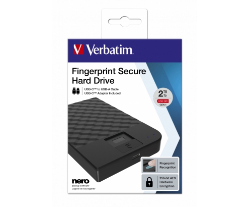 Disco externo Verbatim Disco duro portátil Fingerprint Secure de 2 TB 53651