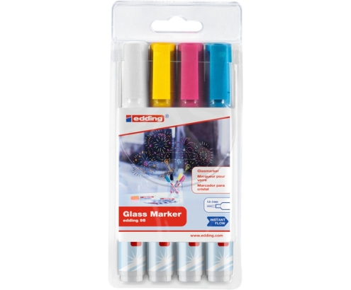 Edding 95 Glass marcador 4 pieza(s) Punta redonda Azul, Rosa, Blanco, Amarillo