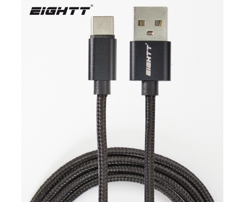 Eightt Cable USB a Type C 1Mts trenzado de Nylon Negro. Carcasa de aluminio