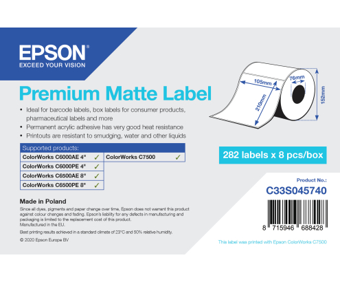 Epson Premium Matte Label - Die-Cut Roll: 105mm x 210mm, 282 labels