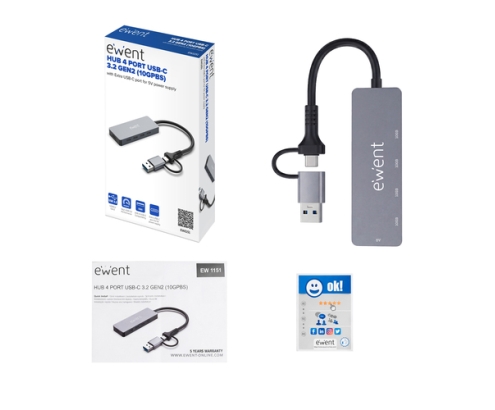 Ewent EW1151 hub de interfaz USB Tipo C 10000 Mbit/s Gris