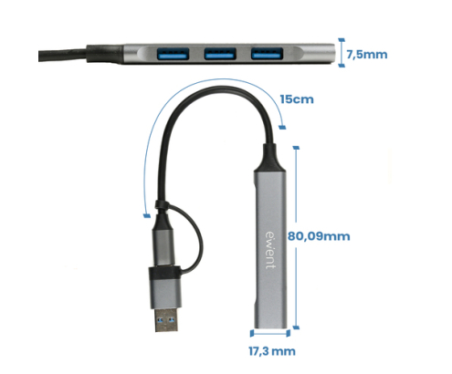 Ewent EW1154 hub de interfaz USB 3.2 Gen 1 (3.1 Gen 1) Type-A + Type-C Gris