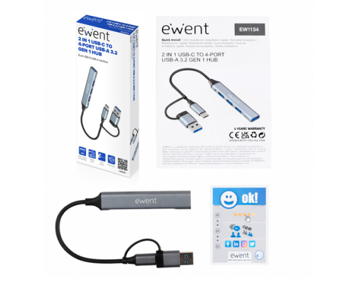 Ewent EW1154 hub de interfaz USB 3.2 Gen 1 (3.1 Gen 1) Type-A + Type-C Gris