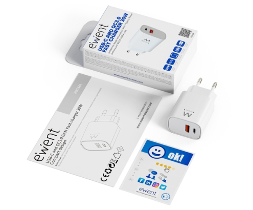 Ewent EW1326 cargador de dispositivo móvil Universal Blanco Corriente alterna Carga rápida Interior
