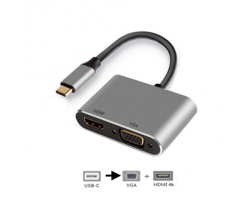 Ewent EW9700 adaptador de cable de vídeo 0,15 m USB Tipo C HDMI + VGA (D-Sub) Negro, Plata