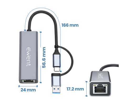 Ewent EW9819 hub de interfaz USB 3.2 Gen 1 (3.1 Gen 1) Type-A + Type-C 1000 Mbit/s Gris