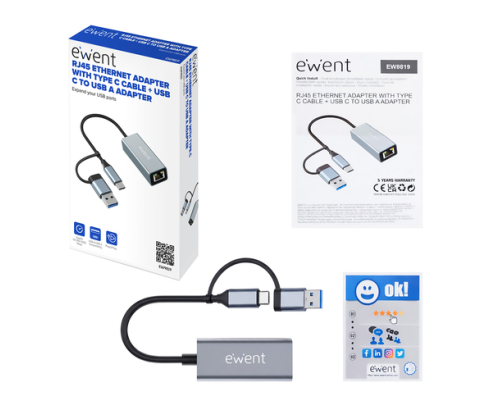 Ewent EW9819 hub de interfaz USB 3.2 Gen 1 (3.1 Gen 1) Type-A + Type-C 1000 Mbit/s Gris