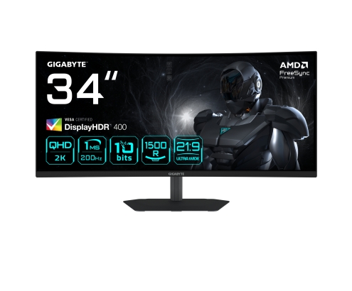 GIGABYTE G34WQC2 Monitor Gaming Curvo 34” WQHD - 3440 x 1440, 1500R, 200Hz, 1ms, 450 cd/m², AMD FreeSync Premium, DisplayHDR 400, HDMI 2.0, Display