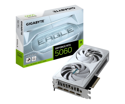 GIGABYTE GeForce RTX 5060 EAGLE OC ICE 8G Tarjeta Gráfica - 8GB GDDR7, 128bit, PCI-E 5.0, 2550 MHz Frecuencia del núcleo, 3 x DisplayPort, 1 x HDMI,