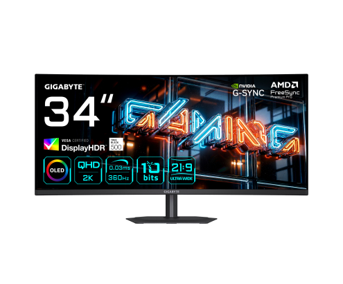GIGABYTE MO34WQC36 Monitor Gaming Curvo 34” WQHD - 3440 x 1440, 360Hz, 0.03ms, KVM, 300 cd/m², FreeSync Premium Pro, DisplayHDR True Black 500, HDM