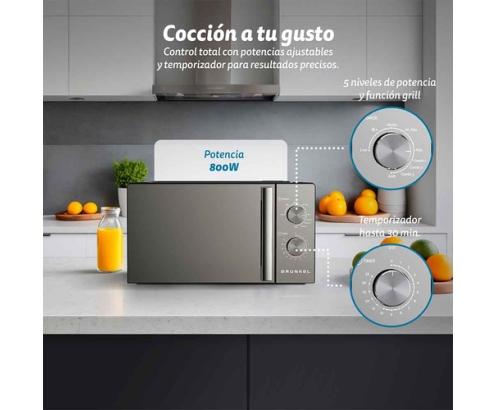 Grunkel MWG-20ESPEJO microondas Acero inoxidable, Negro Microondas con grill Encimera 20 L 700 W