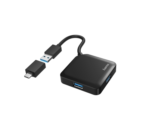 Hama | HUB USB con 4 Puertos y Adaptador USB-C (Conexión de Múltiples Dispositivos, Transformador Universal USB a USB-C, USB 3.2 con Transmisión de