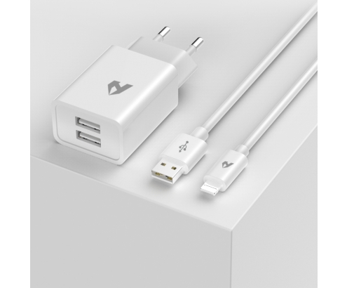 Home Serie Enjoy YTC-02-IP cargador blanco 2 x USB 5V/2.4A, con cable USB 2.0 a Lightning