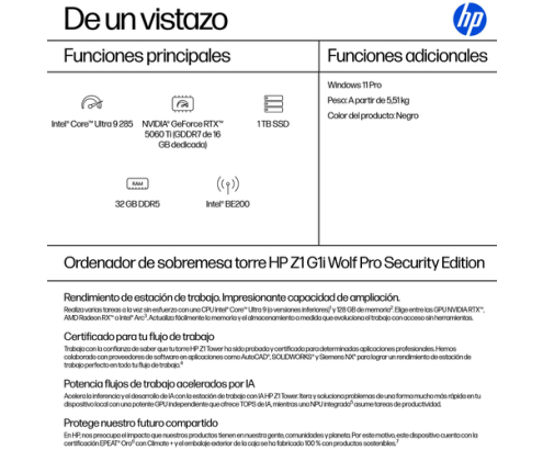 HP 1Z Tower G1i Wolf Pro Security Edition Intel Core Ultra 9 285 32 GB DDR5-SDRAM 1 TB SSD NVIDIA GeForce RTX 5060 Ti Windows 11 Pro Torre Puesto de t