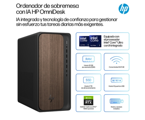 HP OmniDesk Desktop AI M03-0019ns PC Intel Core Ultra 5 225 16 GB DDR5-SDRAM 1 TB SSD Windows 11 Home Torre AI PC Madera, Negro