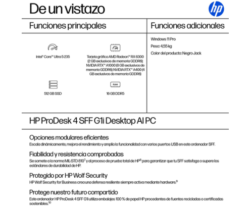 HP ProDesk 4 SFF G1i AI PC Intel Core Ultra 5 235 16 GB DDR5-SDRAM 512 GB SSD Windows 11 Pro Negro