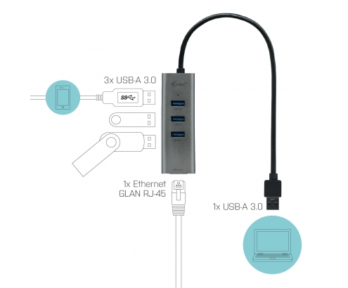 Hub i-tec Metal USB 3.0 HUB 3 Port + Gigabit Ethernet Adapter U3METALG3HUB