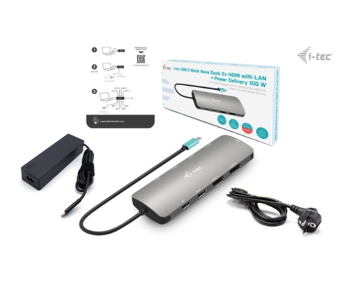 i-tec Metal USB-C Nano 2x Display Docking Station with PD 100 W + Charger 100W