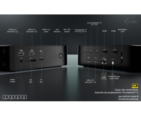 i-tec Thunderbolt5 Quattro Display Docking Station, 5x USB, 2.5 GLAN + Power Delivery 140W