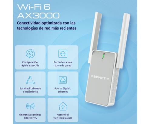 Keenetic Buddy 6 (KN-3411) Amplificador de cobertura Wi-Fi 6 Mesh AX3000 con puerto Gigabit Ethernet