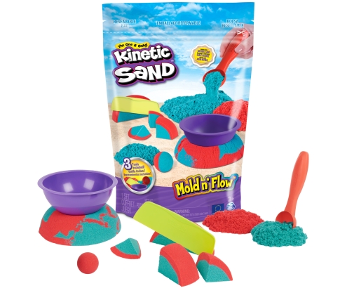 Kinetic Sand Mold n’ Flow de , 680 g de arena para jugar de color rojo y azul verdoso, 3 herramientas, juegos sensoriales para niños a partir de 3 