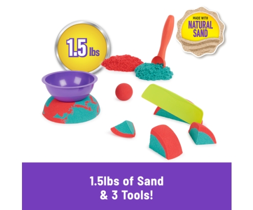 Kinetic Sand Mold n’ Flow de , 680 g de arena para jugar de color rojo y azul verdoso, 3 herramientas, juegos sensoriales para niños a partir de 3 