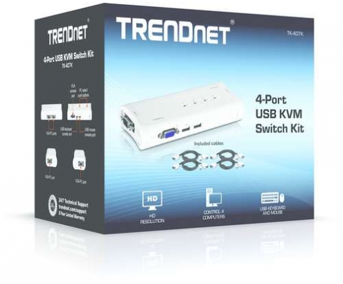 KVM TRENDNET CONMUTADOR 4 PUERTOS USB TECALDO + RATON TK-407K