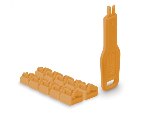 Lindy 47897 bloqueador de puerto Bloqueador de puerto + clave RJ-45 Naranja Acrilonitrilo butadieno estireno (ABS) 10 pieza(s)