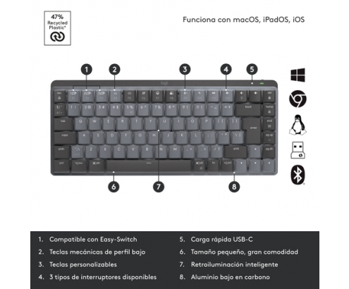 Logitech MX Mini Mechanical teclado RF Wireless + Bluetooth QWERTY Internacional de EE.UU. Grafito, Gris