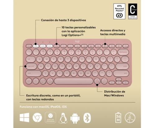 Logitech Pebble Keys 2 K380s teclado RF Wireless + Bluetooth QWERTY Español Rosa