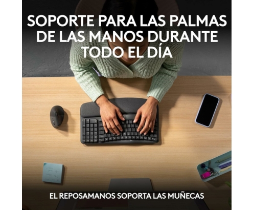 Logitech Wave Keys, teclado ergonómico inalámbrico con reposamanos acolchado, escritura cómoda y natural, Easy-Switch, Bluetooth, Logi Bolt, multis