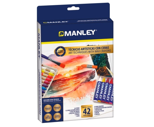 Manley Estuche Set Tecnicas Artisticas con 24 Ceras y 12 ceras acuareables 1 bloc 3 palitos y 1 pincel