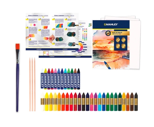 Manley Estuche Set Tecnicas Artisticas con 24 Ceras y 12 ceras acuareables 1 bloc 3 palitos y 1 pincel